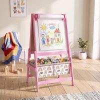 AIYAPLAY Cavalete Infantil 3 em 1 Dupla Face, Quadro Negro e Quadro Branco, Rolo de Papel, Cestos, Prateleira, 3-8 Anos, Rosa(m-6)