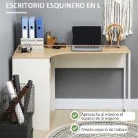 HOMCOM Escritorio Esquinero en L 120x60 cm con 2 Cajones y 3 Compartimentos Abiertos para Oficina Estudio Natural y Blanco(m-5)