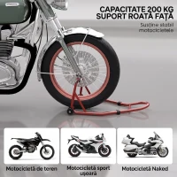 HOMCOM Stand Față pentru Motocicletă cu Protecții Antiderapante, Adaptoare Reglabile pentru Pini și Tip Furcă, 200 kg, pentru Anvelope de 18", 17" și 10"(m-7)