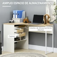 HOMCOM Escritorio Esquinero en L 120x60 cm con 2 Cajones y 3 Compartimentos Abiertos para Oficina Estudio Natural y Blanco(m-4)