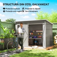 Outsunny Căsuță de grădină 4,13 m² din oțel galvanizat cu kit de fundație, acoperiș înclinat, ușă dublă cu încuietoare, orificii de aerisire, fereastră, gri(m-4)