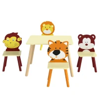 AIYAPLAY Conjunto Mesa para Criança com 4 Cadeiras 5 Peças em Madeira, Encosto em Forma de Animal, Cantos Arredondados, 3-8 Anos, Amarelo(m-10)
