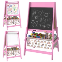AIYAPLAY Cavalete Infantil 3 em 1 Dupla Face, Quadro Negro e Quadro Branco, Rolo de Papel, Cestos, Prateleira, 3-8 Anos, Rosa(m-13)