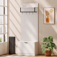 HOMCOM Cuier 5 în 1, Mobilier de Intrare, Banc pentru Pantofi, Sertar Rabatabil, Rafturi Reglabile, 4 Cârlige, Alb(m-2)