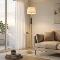 HOMCOM Modern Floor Lamp with Shelf, Dimmable Floor Lamp with Linen Shade, RF Remote and Foot Switch for Living Room, Gold Tone(m-8)