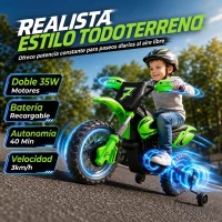 AIYAPLAY Moto Eléctrica Niños 12V con 2 Ruedas Auxiliares Desmontables 2 Motores Suspensión Trasera 3 km/h 3-6 Años Verde(m-18)