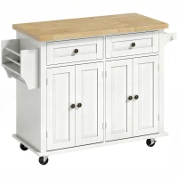 HOMCOM Kitchen Island on Wheels, Rolling Kitchen Storage Trolley with Rubber Wood Top, Drawers, Adjustable Shelves, Cream White(m-1)
