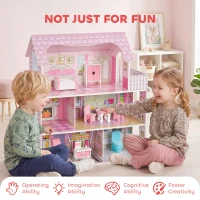 AIYAPLAY Maison de Poupée en Bois pour Enfants, Maison de Rêve Filles, 6 Pièces, Éclairage LED et 8 Meubles, 3-6 ans, Rose(m-8)