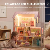 AIYAPLAY Maison de Poupée en Bois pour Enfants, Maison de Rêve Filles, 6 Pièces, Éclairage LED et 8 Meubles, 3-6 ans, Rose(m-6)