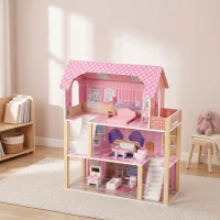 AIYAPLAY Casa de Muñecas de Madera 3 Pisos con Balcón Escaleras y 10 Muebles Juguete de Imitación para Niños de 3 a 6 Años Rosa(m-9)