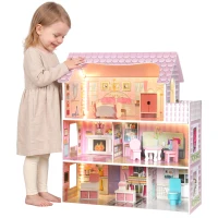 AIYAPLAY Maison de Poupée en Bois pour Enfants, Maison de Rêve Filles, 6 Pièces, Éclairage LED et 8 Meubles, 3-6 ans, Rose(m-18)