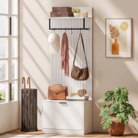 HOMCOM Cuier 5 în 1, Mobilier de Intrare, Banc pentru Pantofi, Sertar Rabatabil, Rafturi Reglabile, 4 Cârlige, Alb(m-7)