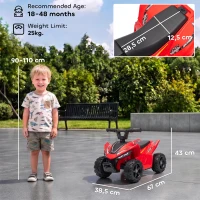 AIYAPLAY Quad Elettrico per Bambini 6V, Marce Avanti, 2 km/h, per 18-48 Mesi, Portata 25 kg, Interno ed Esterno, Rosso(m-3)