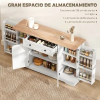 HOMCOM Aparador de Cocina con Cajón Estantes en las Puertas Estantes Ajustables Barra de Café 138x40x83,5 cm Blanco(m-4)