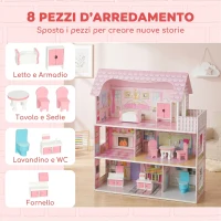 AIYAPLAY Casa delle Bambole in Legno per Bambini a 3 Piani con Luci LED DIY, 8 Mobili, 6 Stanze, 3-6 Anni, Rosa(m-4)