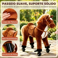 HOMCOM Cavalo de Brinquedo para Crianças de +3 Anos com Rodas Sons e Estrutura de Metal Carga 60kg 65x28x75 cm Castanho(m-4)