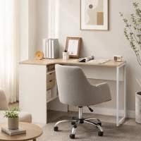 HOMCOM Escritorio Esquinero en L 120x60 cm con 2 Cajones y 3 Compartimentos Abiertos para Oficina Estudio Natural y Blanco(m-9)