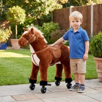 HOMCOM Plush Walking Horse Ride On Toy with Wheels and Realistic Sounds Rocking Horse for Girls Boys 2+ Years Old, 50cm Tall, Brown(m-8)