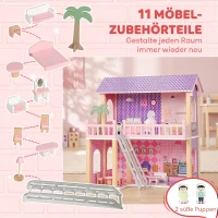 AIYAPLAY Domek dla lalek 69 cm wys., 2-piętrowy, z 2 lalkami i 11 meblami, drabinką i balkonem, duży, dla dziewczynek 3–6 lat, Różowy(m-5)