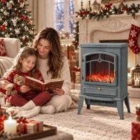 HOMCOM Electric Fireplace Stove, 1000W/2000W, Electric Fire Heater with LED Flame Effect, Adjustable Thermostat, Grey(m-8)