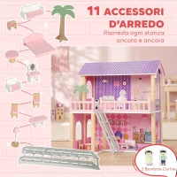 AIYAPLAY Casa delle Bambole in Legno per Bambini, 2 Piani, 11 Mobili e 2 Bambole, Regalo per Ragazze 3-6 Anni, Rosa(m-4)