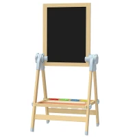 AIYAPLAY Kinderezel van hout, dubbelzijdig whiteboard en krijtbord, in hoogte verstelbaar staand bord met papierrol, opberglade, natuur(m-1)