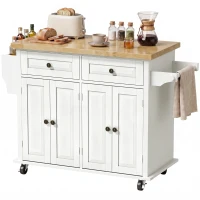 HOMCOM Kitchen Island on Wheels, Rolling Kitchen Storage Trolley with Rubber Wood Top, Drawers, Adjustable Shelves, Cream White(m-15)
