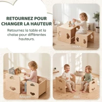 AIYAPLAY Ensemble Table et Chaise Enfant Réversible, Hauteurs Réglables, Poignées Nuage, 18-36 Mois, 38 x 36 x 33,5 cm, Naturel(m-4)