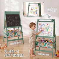 AIYAPLAY Art Easel for Kids, 3-in-1 Kids Easel with Chalkboard, Whiteboard, Paper Roll, Storage, Under-Board Shelf for 3-8, Green(m-4)