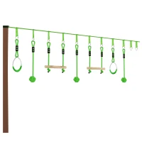 AIYAPLAY 7-Piece Kids Zip Line Kit for Garden, 10m Kids Slackline Kit with Wooden Monkey Bars, Metal Rings, Gripping Balls, Green(m-1)