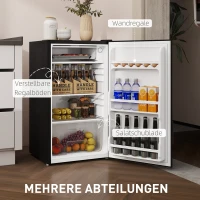 HOMCOM Mini-Kühlschrank, 91 Liter Kapazität, Gefrierfach, verstellbare Fächer, leiser Betrieb, kompakte Größe, Stahl, Schwarz(m-6)