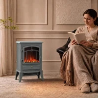 HOMCOM Electric Fireplace Stove, 1000W/2000W, Electric Fire Heater with LED Flame Effect, Adjustable Thermostat, Grey(m-2)