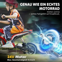 HOMCOM Elektro-Motorrad für Kinder, 24V Kindermotorrad mit Hupe, Leuchte, mit Drehgriff-Gashebel, 8-16 km/h, 8-12 Jahre, Rot(m-5)