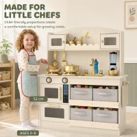 AIYAPLAY Cuisine Enfant, Cuisine en Bois Enfant Dinette, Effet Lumières et Sons, 4 Bacs en Tissu, 12 Accessoires, 3-6 Ans, Crème(m-8)