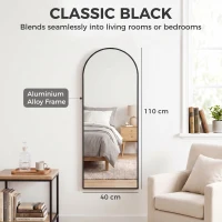 HOMCOM 40 x 110 cm Full Length Hanging Mirror, Arched Mirror with Adjustable Hooks, Over-the-Door or Wall-Mounted, Black(m-7)
