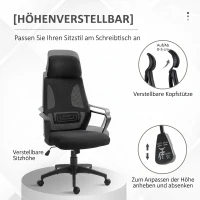Vinsetto Bürostuhl, Schreibtischstuhl mit Wippfunktion Höhenverstellbarer mit Kopfstütze, Lendenstütze Schwarz(m-4)