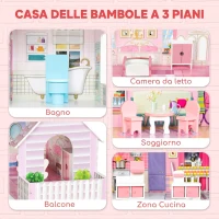 AIYAPLAY Casa delle Bambole in Legno per Bambini a 3 Piani con Luci LED DIY, 8 Mobili, 6 Stanze, 3-6 Anni, Rosa(m-3)