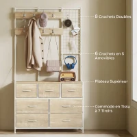 HOMCOM Porte-Manteau 4 en 1, Meuble d'Entrée avec 7 Tiroirs Pliables en Tissu, 14 Crochets et Panneau Grillagé, Chêne(m-4)