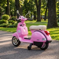 AIYAPLAY Moto Eléctrica Niños 12V Vespa PX150 Ruedas Auxiliares 2 Motores Suspensión Trasera Música Faros 3 km/h 3-6 Años Rosa(m-4)