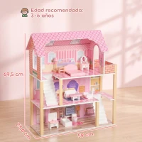 AIYAPLAY Casa de Muñecas de Madera 3 Pisos con Balcón Escaleras y 10 Muebles Juguete de Imitación para Niños de 3 a 6 Años Rosa(m-3)