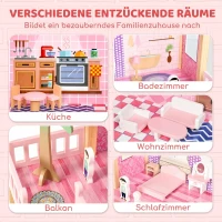 AIYAPLAY Groot poppenhuis, 69 cm hoog, 2 verdiepingen, met 2 poppen, 11 meubels, trap en balkon, roze, voor meisjes van 3-6 jaar(m-4)