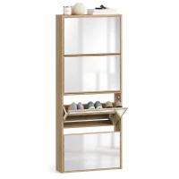 HOMCOM Dulap cu Oglindă și 4 Uși Rabatabile pentru Pantofi, 63x17x146 cm, Culoare Lemn(m-11)