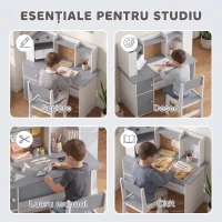 AIYAPLAY Set birou și scaun pentru copii cu suport pentru pixuri, suport reglabil pentru tabletă, dulapuri și tablă din plută, gri(m-4)