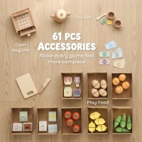 AIYAPLAY Pretend Play Shop, Wooden Kids Grocery Store Playset with Play Food, Cash Register, Chalkboard, 61 Accessories for 3-8(m-5)