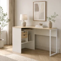 HOMCOM Escritorio Esquinero en L 120x60 cm con 2 Cajones y 3 Compartimentos Abiertos para Oficina Estudio Natural y Blanco(m-8)