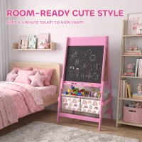 AIYAPLAY Art Easel for Kids, 3-in-1 Kids Easel with Chalkboard, Whiteboard, Paper Roll, Storage, Under-Board Shelf for 3-8, Pink(m-7)