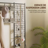 HOMCOM Porte-Manteau 4 en 1, Meuble d'Entrée avec 7 Tiroirs Pliables en Tissu, 14 Crochets et Panneau Grillagé, Gris Effet Bois(m-5)