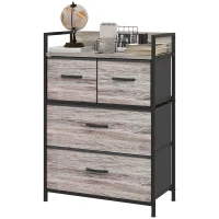 HOMCOM Rustic Chest of Four Fabric Drawers - Grey Wood Effect(m-11)