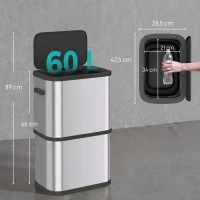 HOMCOM Küchenmülleimer 60 l aus Edelstahl mit Beutelhalter, Soft-Close-Deckel und berührungsempfindlicher Öffnung Silber(m-3)