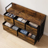 HOMCOM Cómoda de Quarto com 5 Gavetas, Cómoda em Tecido com Tampo de Madeira, Castanho e Preto(m-8)